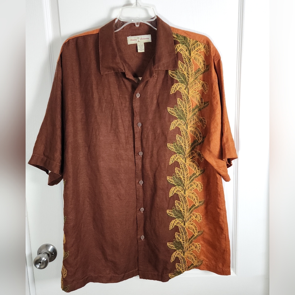 Mens Tommy Bahama Floral Hawaiian Button Up Shirt Size Large Silk Linen Brown